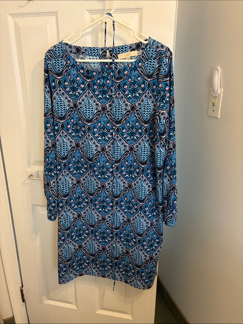 LOFT Blue Multi-Pattern Long Sleeve Shift Dress